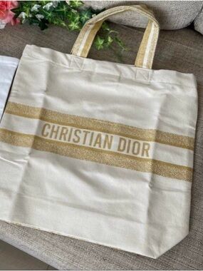 Dior Cream Canvas Tote with Gold Logo Stripes